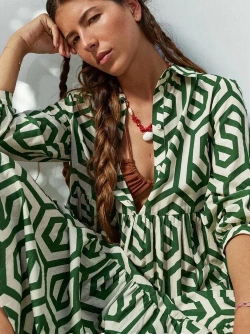 Zara Green and White Geometric Button-Down Tunic